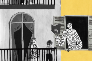 Ilustración de un adulto leyendo a unos niños desde la ventana de su casa.