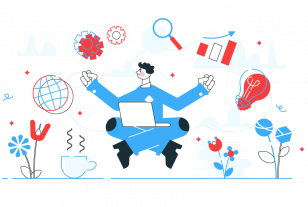 Ilustración joven con computador y acceso a alternativas