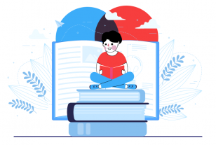 Niño leyendo sobre una torre de libros