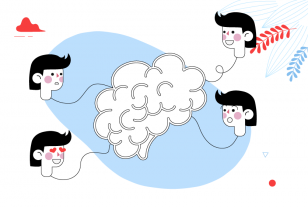 Ilustración cerebro conectado a personas y emociones