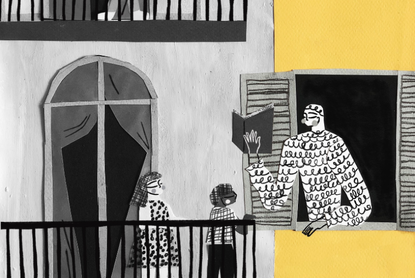 Ilustración de un adulto leyendo a unos niños desde la ventana de su casa.