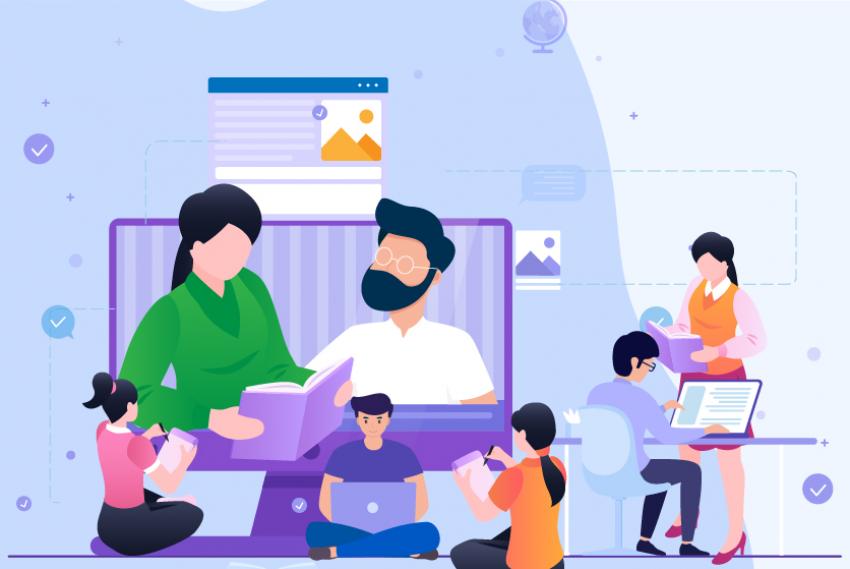 Ilustración de docentes con sus estudiantes
