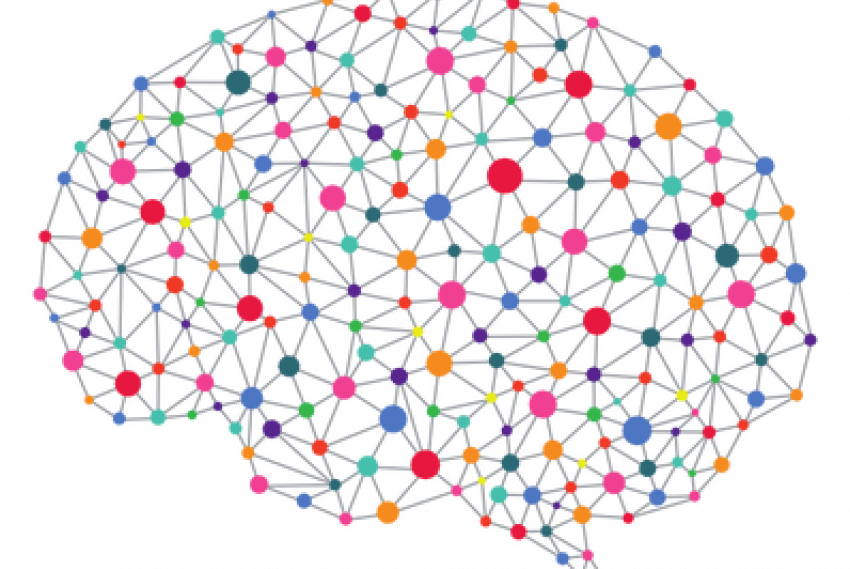 Ilustración de una red de puntos de colores interconectados que se unen formando al silueta de un cerebro