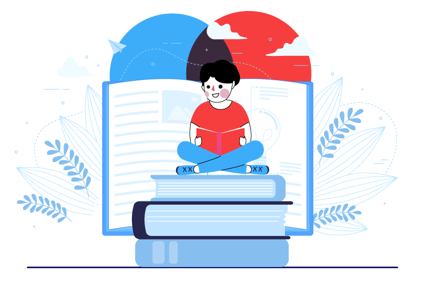Niño leyendo sobre una torre de libros
