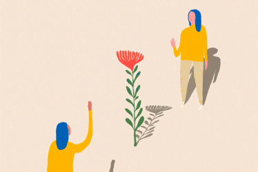 Ilustración que muestra a una persona en contacto consigo misma. Es una alegoría del autocuidado.