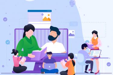Ilustración de docentes con sus estudiantes