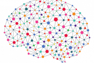Ilustración de una red de puntos de colores interconectados que se unen formando al silueta de un cerebro 