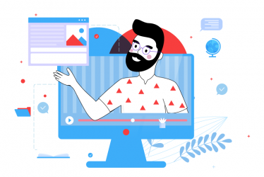 hombre en pantalla de computador mostrando recursos de apoyo