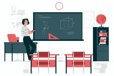 docente leyendo en un salón de clases sin estudiantes